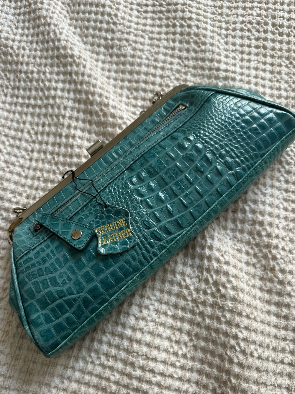 Teal Crocodile Top-Handle Silver Accent Shoulder Bag - Genuine Leather - Picture 2 of 8
